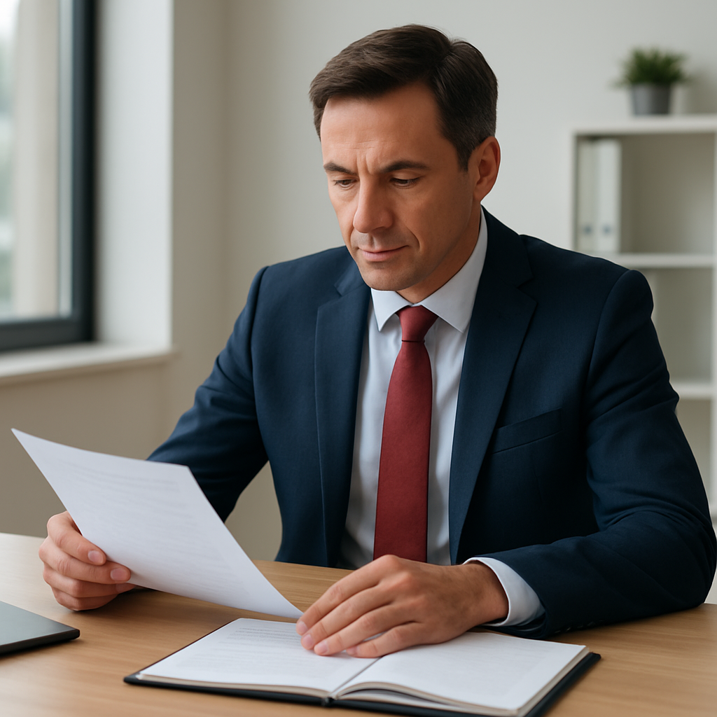 Imprenditore in ufficio che consulta documenti